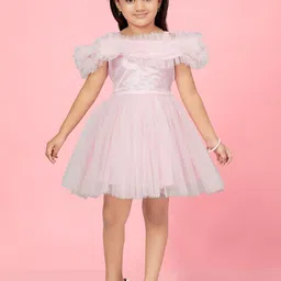 HERE&NOW Girls Self Design Flutter Sleeve Net Fit & Flare Dress-picture-27