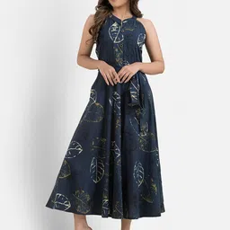 Crazy Needle Women Printed Tie-Ups Mandarin Collar Midi A-Line Dress-picture-12