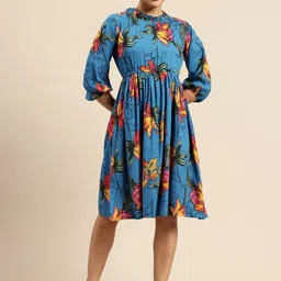 Chandbaali Floral Print Puff Sleeve Fit & Flare Dress-picture-13