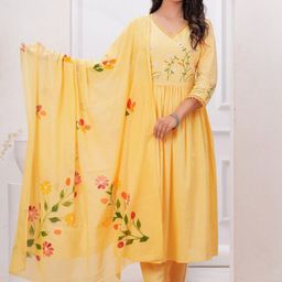 FCV Women Floral Embroidered Regular Pure Cotton Kurta with Salwar & Dupatta-picture-8