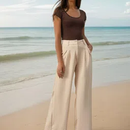 kotty Women Regular Fit Beige Viscose Rayon Trousers image 1