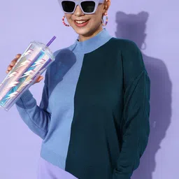 Mast & Harbour Women Green & Blue Colourblocked Colourblocked Pullover-picture-28