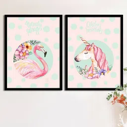 Art Street Set Of 2 Pink & Sea Green Flamingo & Unicorn Matte Printed Wall Arts image 1