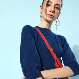 STREET 9 Women Blue Cable Knit Acrylic Crop Pullover-image-49