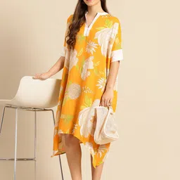 Qurvii Floral Printed Batwing Sleeve Asymmetric Hem Kaftan Dress image 5