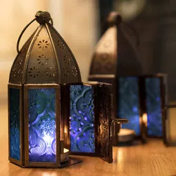 Homesake Set Of 2 Blue Antique Brass Moroccan Lantern Candle Holder image 1
