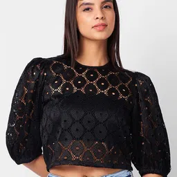 IZEL Puff Sleeve Lace Crop Top-image-6