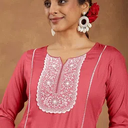 Janasya Women Ethnic Motifs Embroidered Sequinned Kurti With Palazzos image 4