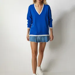 Happiness istanbul Women Solid V-Neck Long Sleeves Pullover-picture-11