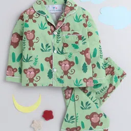 Knitting Doodles Pure Cotton Full Sleeves Monkey Printed Night Suit - Green-picture-28