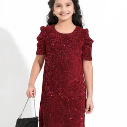 Hola Bonita Party Wear with Half Puffed Sleeves Glitter & Sequin Dress -Red-picture-12