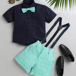 Jeet Ethnics Half Sleeves Solid Shirt With Checked Shorts Bow & Suspender Set - Sea Green-picture-19