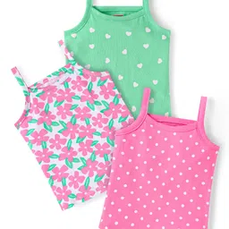 Babyhug 100% Cotton Knit Singlet Sleeves Antibacterial Slips with Floral & Hearts Print Pack of 3 - Pink White & Green-picture-33