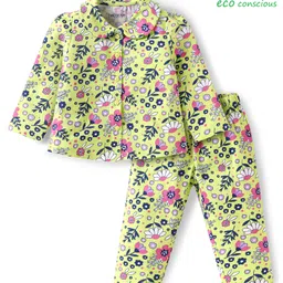 Babyoye Eco Conscious 100% Cotton Knit Full Sleeves Co-ords Night Suit with Floral Print - Light Green-picture-13