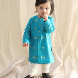 Tiber Taber 100% Chanderi Cotton Full Sleeves Peacock Embroidered Kurta With Pyjama Set - Blue-image-25
