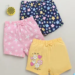 BUMZEE Cotton Knit Above Knee Length Floral & Star Printed Shorts With Bow Applique Pack of 3 - Navy Blue Pink & Yellow-image-50