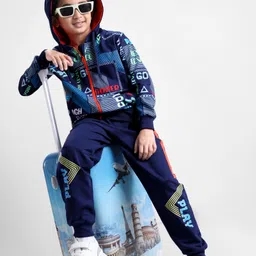 OLLINGTON ST. Cotton Full Sleeves Text Printed Hoodie Zipper Sweatshirt & Joggers Set - Multicolor & Navy Blue-picture-32