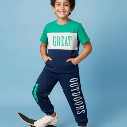 Pine Kids Cotton Knit Half Sleeves Cut & Sew T-Shirt & Lounge Pant Set with Text Print - Navy Blue-picture-17