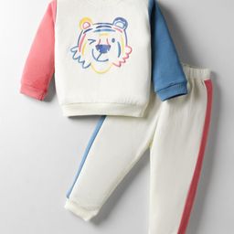 ToffyHouse Cotton Knit Full Sleeves T-Shirt & Lounge Pants Set With Tiger Print - Off White Red & Blue-picture-28