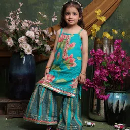 Saka Designs By Sapna Cotton Woven Sleeveless Floral Printed & Gota Lace Embellished Kurti Sharara Set - Teal Blue-picture-23