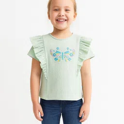 JusCubs Cotton Knit Half Sleeves Frill Detailed & Butterfly Embroidered Top - Green-picture-21