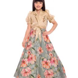 Tiny Kingdom Woven Half Sleeves Sequin Embellished & Floral Printed Lehenga Choli - Cream-image-79