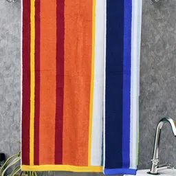 BOMBAY DYEING Orange & Blue Striped Pure Cotton 550 GSM Bath Towel-picture-38
