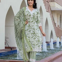 KALINI Women Floral Printed Regular Pure Cotton Kurta with Trousers & With Dupatta image 4