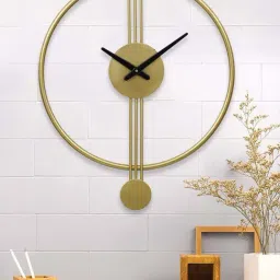 eCraftIndia Golden Iron Round Analog Wall Clock-image-0