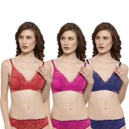 samvar Women Red,Pink,Blue Net Bra Panty Set for Lingerie Set Undergarments Pack of 3-picture-32
