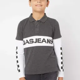 Gas Kids Charcoal Grey & White Cotton Color Block Full Sleeves Polo T-Shirt-picture-19