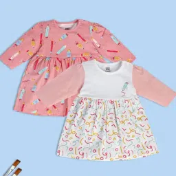 MINIKLUB Kids Pink & White Printed Full Sleeves Dress (Pack Of 2)-image-94