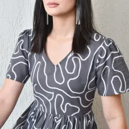 DECKEDUP Grey Cotton Printed Dress image 5