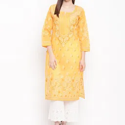 ADA Women Mustard Yellow & White Chikankari Hand Embroidered Straight Handloom Kurta-image-66