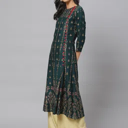 YASH GALLERY Women Green  Golden Printed A-Line Kurta image 3