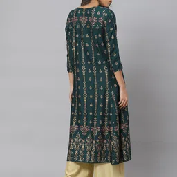 YASH GALLERY Women Green  Golden Printed A-Line Kurta image 4