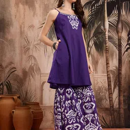 Sangria Ethnic Motifs Print Strappy Pure Cotton Kurta with Sharara & Dupatta image 3