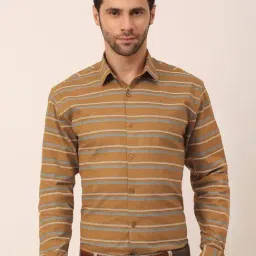 Jainish Brown Cotton Regular Fit Striped Shirt-image-23