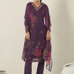 Anouk Women Floral Embroidered Regular Thread Work Kurta with Trousers & With Dupatta image 1