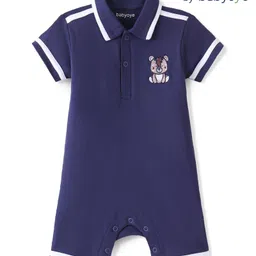 Babyoye 100% Cotton Solid Dyed Half Sleeves Romper With Teddy Embroidery - Navy Blue-picture-28