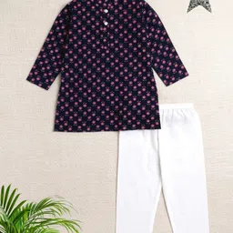 The Magic Wand Cotton Woven Full Sleeves Floral Printed Kurta & Pyjama Set - Navy Blue-picture-19