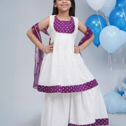 Little Bansi 100% Cotton With Chanderi Silk Woven Sleeveless Floral & Zari Work Embroidered Kurti With Coordinating Sharara & Dupatta - White-picture-27