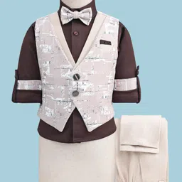Rikidoos Full Sleeves Abstract Printed 3 Piece Party Suit With Bow Set - Coffee & Beige-image-93