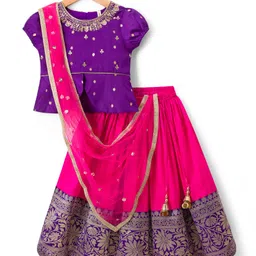 Babyhug Brocade Woven Half Puffed Sleeves Pattu Pavda Lehenga Set with Dupatta & Embroidery - Purple & Fuchsia-picture-31