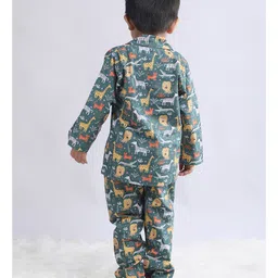 Polka Tots Cotton Woven Full Sleeves Animals Printed Coordinating Night Suit Set - Green image 3