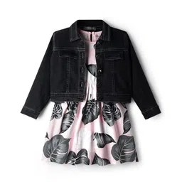 OLLINGTON ST. Stretchable Denim Full Sleeves Jacket & Cotton Inner Knit Dress with Leaf Print - Pink & Charcoal image 5