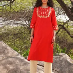 Jaypore Red Embroidered Straight Fit Kurta-picture-46