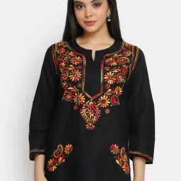PARAMOUNT CHIKAN Black Cotton Chikankari Straight Short Kurti-image-21