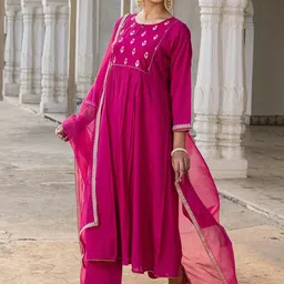 GoSriKi Floral Yoke Design Pleated Thread Work Anarkali Kurta With Palazzos & Dupatta-picture-19