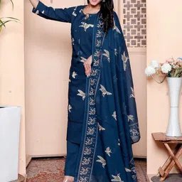 NAVYAAZRI Women Ethnic Motifs Printed Regular Pure Cotton Kurta with Trousers & With Dupatta image 4